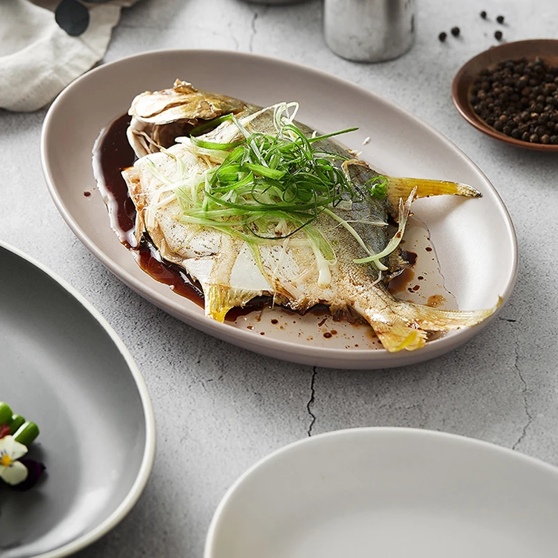 

Nordic Matte Ceramic High-value Fish Plate Household Steamed Fish Plate Oval Plate Tableware 10-inch Main Dish Tableware