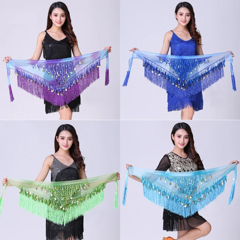Belly Dance Hip Skirt Scarf For Wrap Waist Belt Bling Golden Coin Sequins Tassels Accessories Chiffon Fringe Scarf Waist Chain
