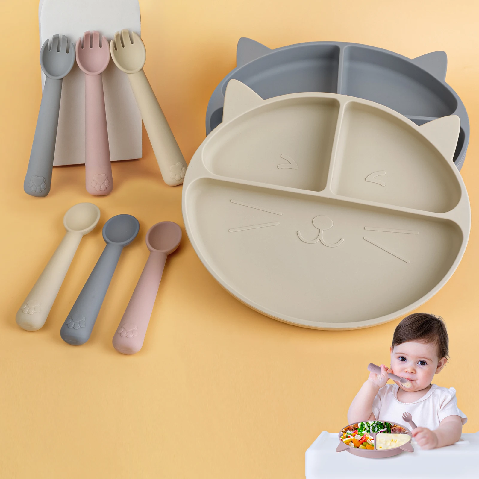 TYRY HU Baby Silicone Suction Bowl Plate Feeding Spoons Food Tableware BPA Free Non-Slip Baby Dishes Food Feeding Bowl for Kids