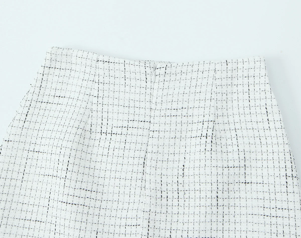French Style Retro V collar Plaid Woven Tweed Blazer + High Waist Mini Short Skirts Suits 2 pieces 1 Set Black White