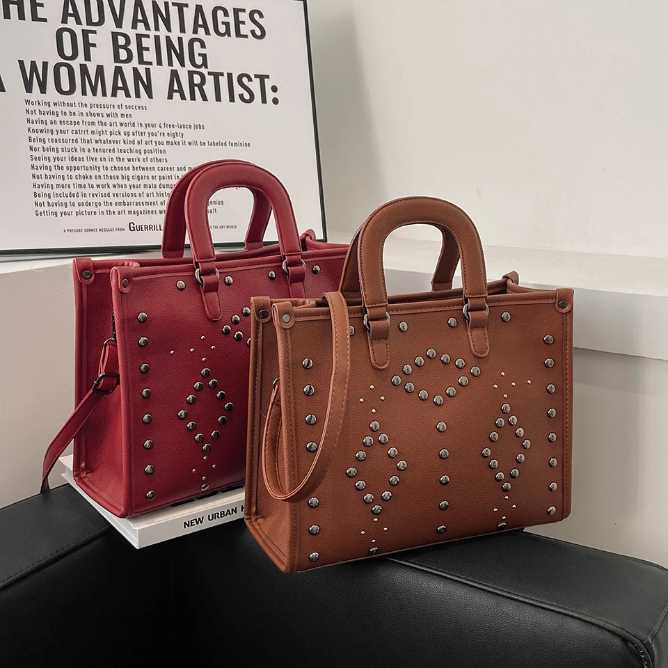 

High Quality Rivet Design Women's Tote Bag Vintage Square Pu Leather Shoulder Bag OL Business Commute Handbag 2022 SAC A MAIN