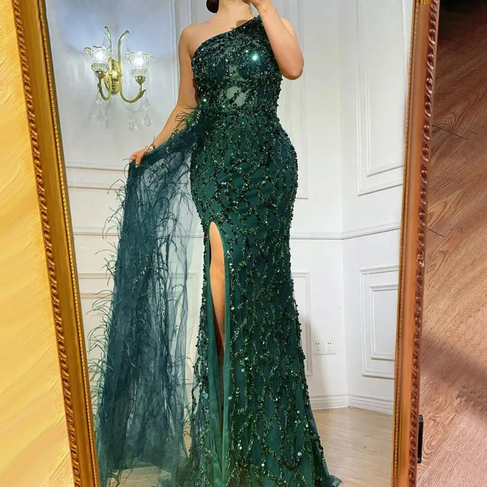 

Women Bronzing Sequin Dress Elegant One Shoulder Sequin Evening Gown with Feather Detail High Split Women's Formal for Banquet