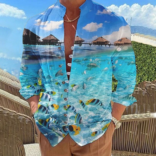 Fish Beach Shirts Men Fashion Animal 3D Printed Long Sleeve Shirt