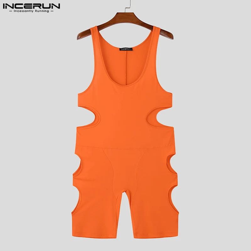 INCERUN American Style Men's Loungewear Side Hollow Out Tight Fitting Jumpsuit Sexy Solid U-neck Sleeveless Bodysuit S-5XL