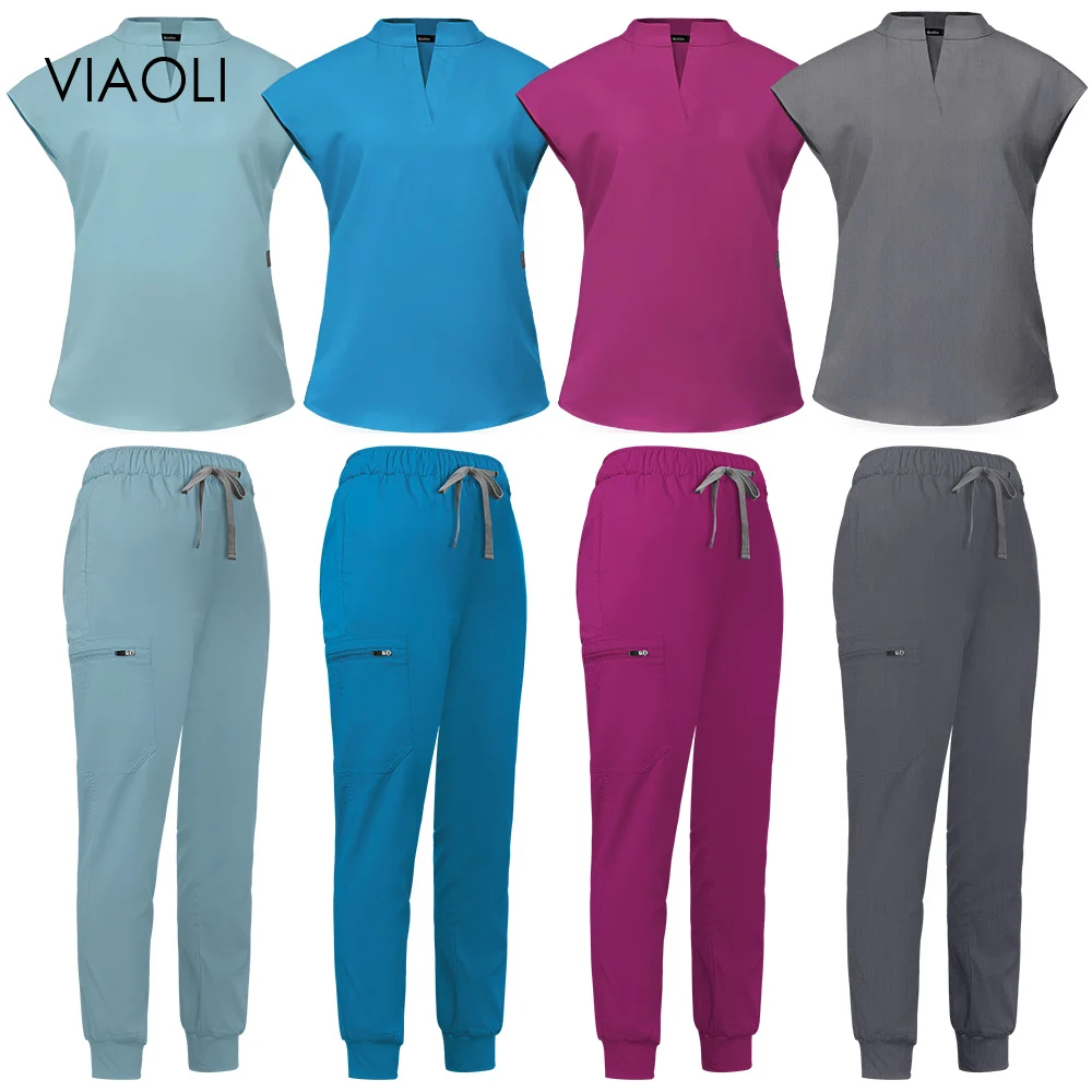 

XS-2XL Nurse Uniform Women Medical Clothes Short Sleeved Scrubs Tops Pants Jogger Suit Doctor Costume Dentist Hospital Workwear