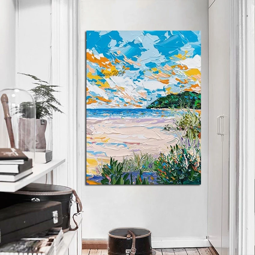 

Beach Seascape Art Wall Canvas Acrylic Knife Oil Painting Abstract Beautiful 3D Scenery Picture Unframed Artwork Decoration