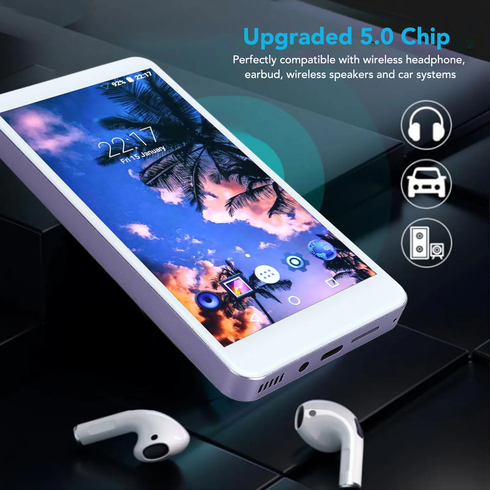 5.0 Inch MP4 Player Smart Noise Reduction Bluetooth 5.0 WiFi 2200mAh Rechargeable 16GB ROM and 128GB Memory Expansion Portable M