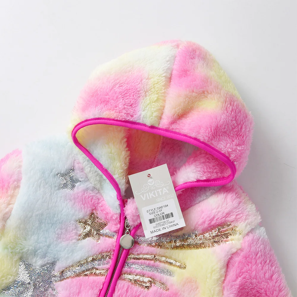 VIKITA Kids 가을 겨울 코트 자켓 소녀 스타 스팽글 Appliqued 지퍼 후드 양털 따뜻한 부드러운 겉옷 아동 의류