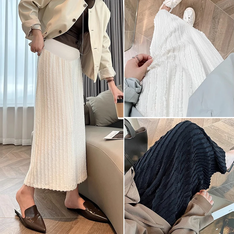 Good Quality Maternity Fleece Skirts Spring Autumn Back Split Tassel Patchwork Striped Pregnant Woman Mini Skirt