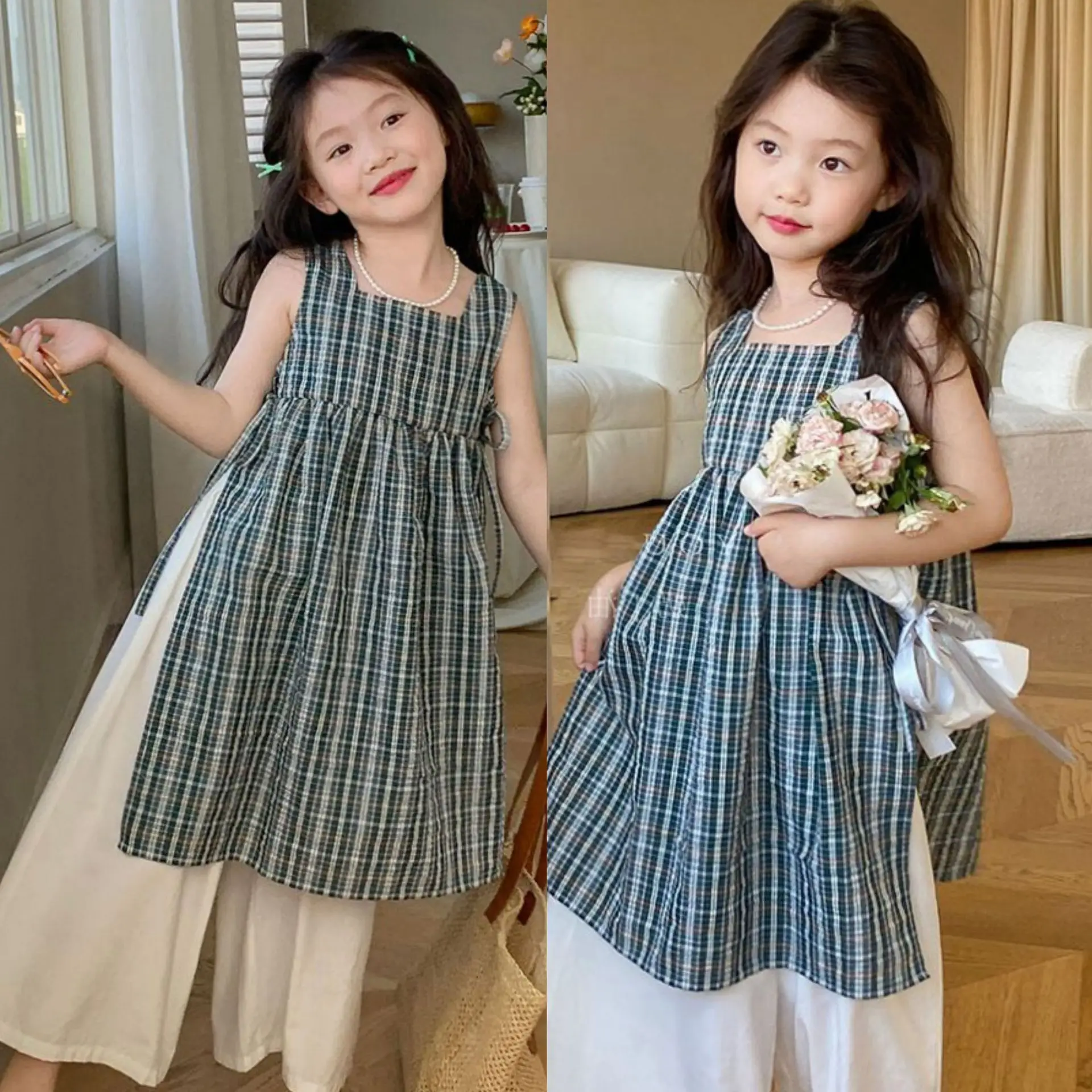 

Girls Clothing Sets European And American Street Style Fashion Long Checkered Top +Wide Leg Pants 2Pcs For Summer Baby Kids Suit