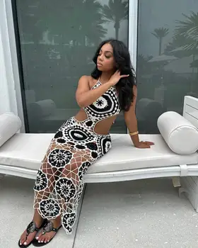 White Combo Halter Backless Crochet Knit Long Maxi Dress for Women Sexy Hollow out Summer Club Party Outfit Fashionable 1