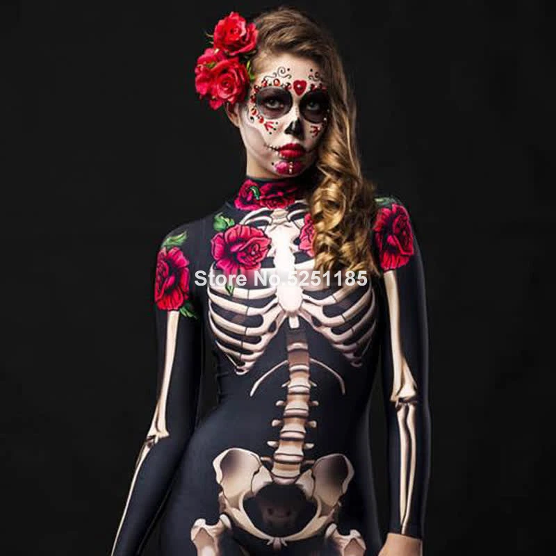 Women Cosplay Skeleton Rose Sexy Bodysuit Halloween Devil Ghost Specter Jumpsuit Romper Party Carnival Performance Scary Costume
