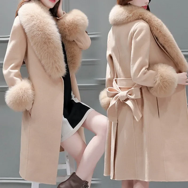 2023 Woolen Coat Women Mid Length Korean Version New Winter Slim Fit Lace Up Large Woolen Collar Coat Detachable Woolen Collar