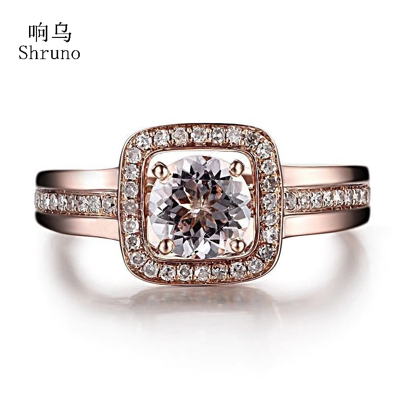 

Shruno Round 6mm Genuine Morganite Solid 14K 10K Rose Gold Ring Real Diamonds Engagement Wedding Ring Women Party Fine Jewelry