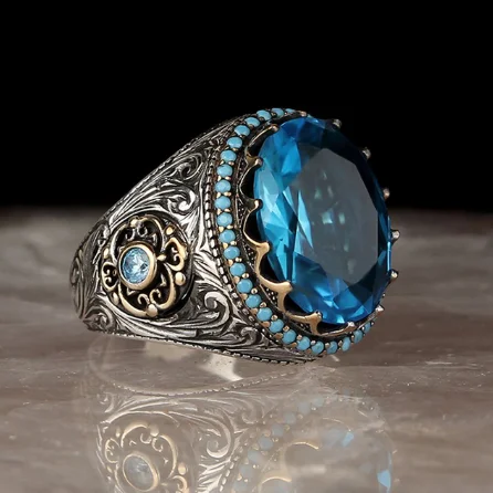 Punkboy Retro Style Men's Ring Craved Pattern Black Egg-shaped Crystal Silver Color Ring for Male Party Jewelry Size 6-13 AJZ1800XS