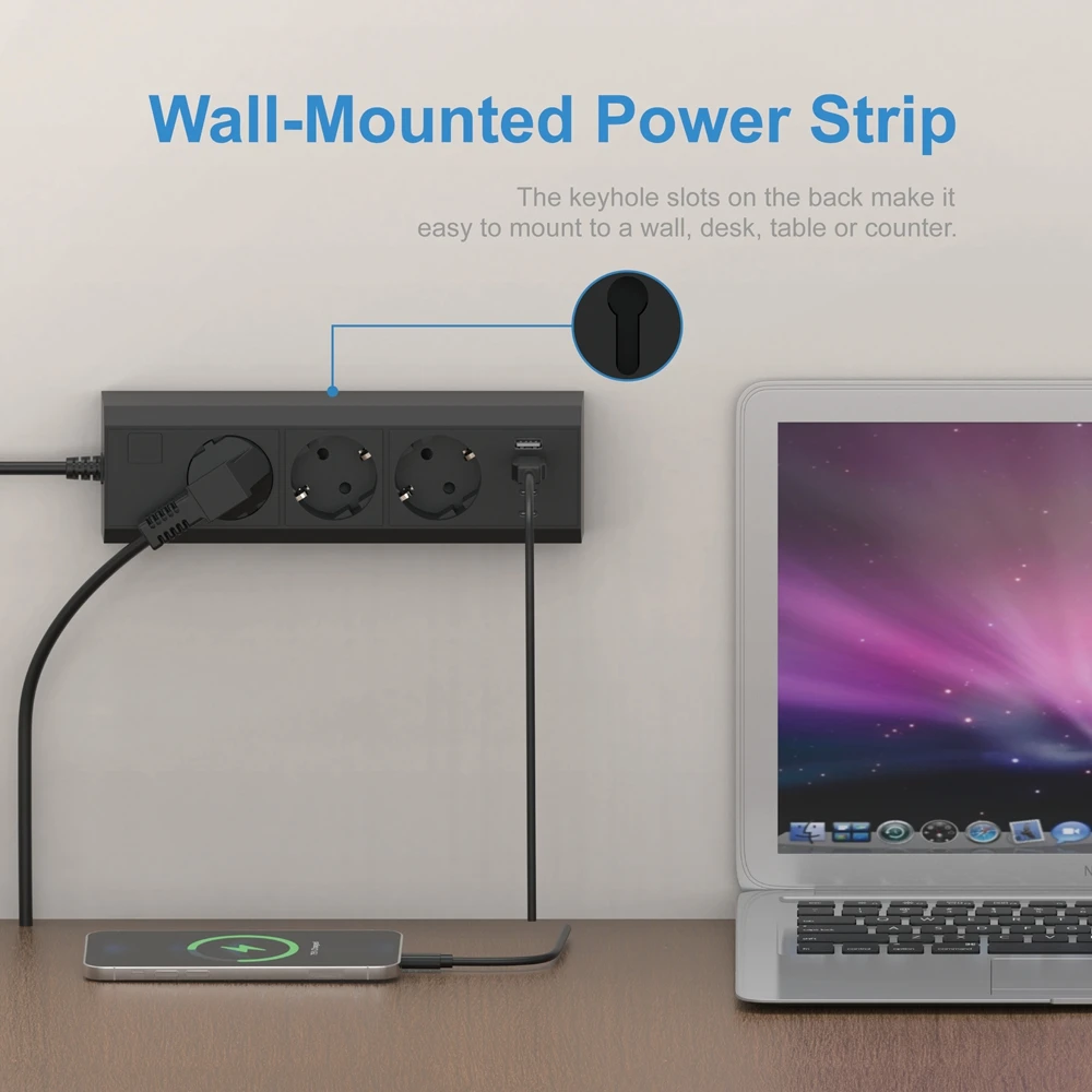 Power Strip 7 IN 1 2500W EU Plug 1.5M Extension Cord Socket Extender With 3AC Outlets 4USB 17W Fast Charging 7 Safety System