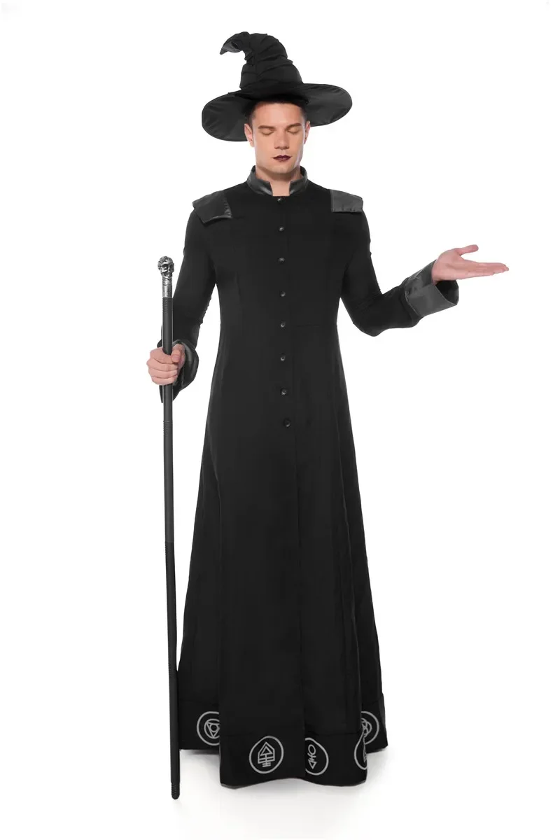 Adult Magic Wizard Sorcerer Warlock Costume Magician Cosplay for Men Halloween Purim Party Costumes Fancy Dress Black