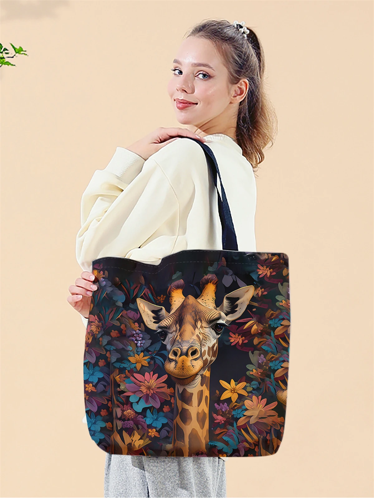1pc,flower giraffe handbag, reusable fashionable handbag, multifunctional handbag, printed canvas shopping bag