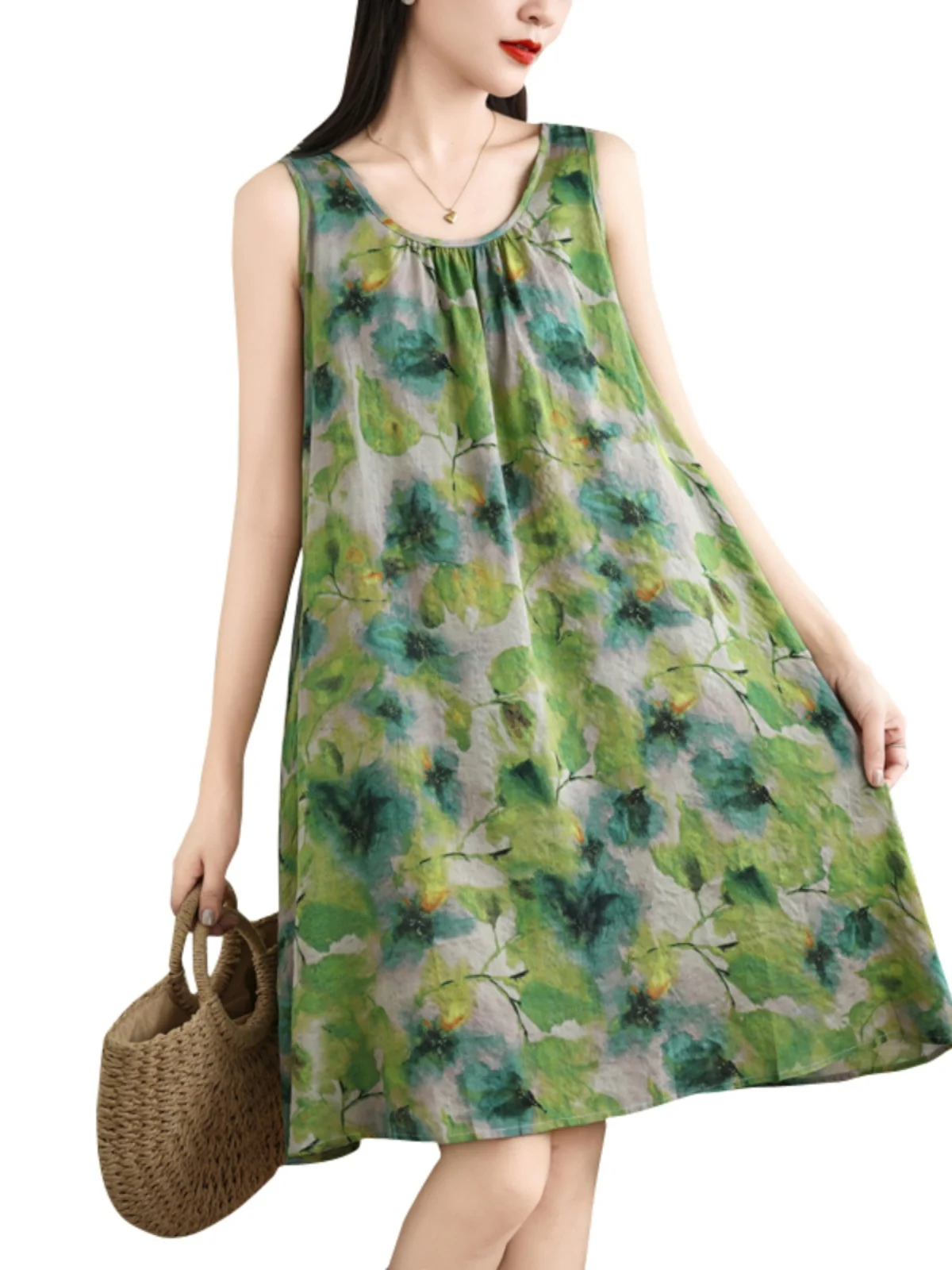 Loose Cotton Linen Printed Summer Dr Women's plus Size round Ne Svel Vest Dr Midi Skirt Sle Vintage Faion