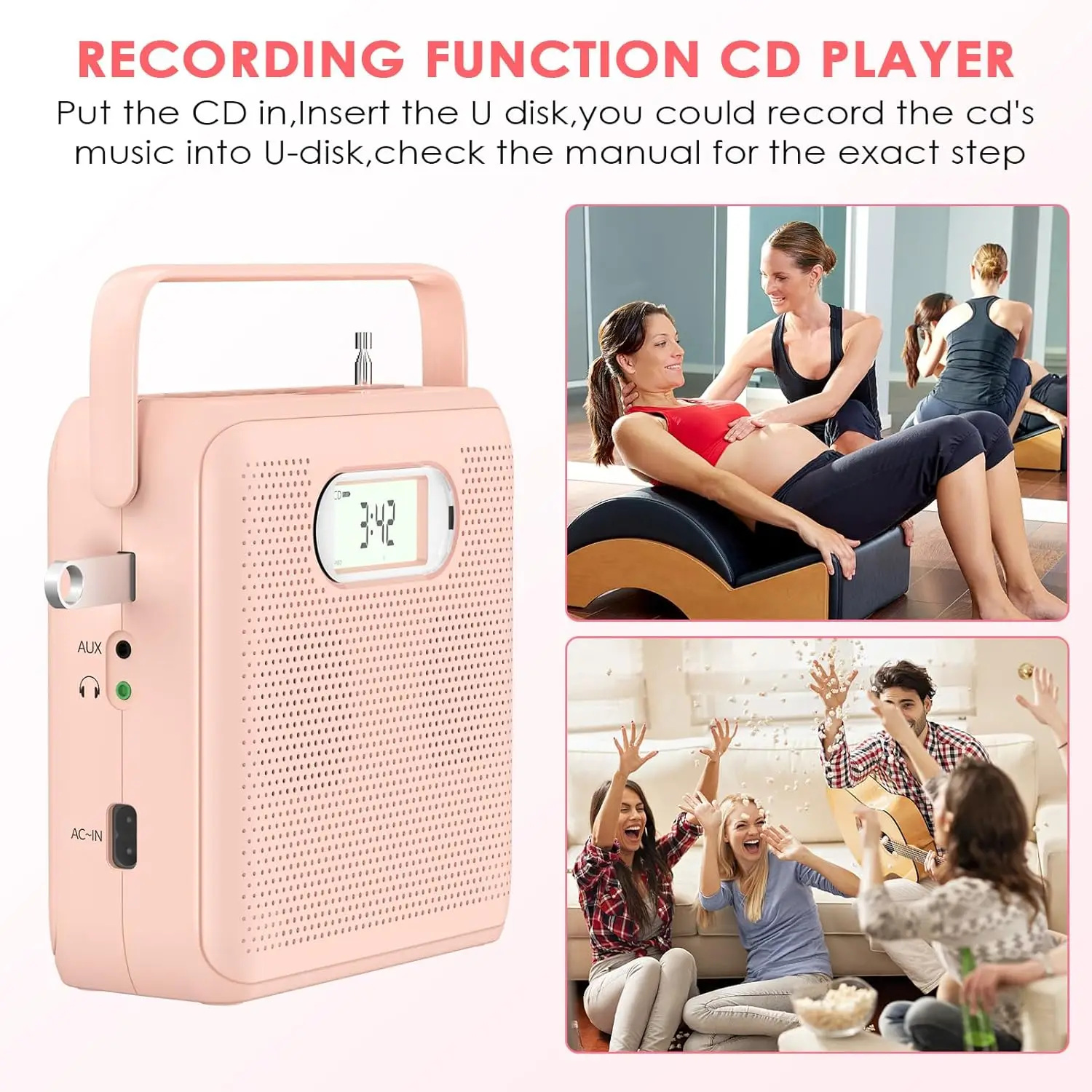 CD Player Portable Bluetooth Stereo Speakers FM Radio CD Player for Home with LCD Display Handle AUX Earphone Jack