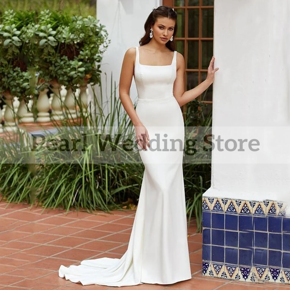 Simple White Wedding Dress Mermaid Square Neckline with Belt Double Shoulder Sleeveless and Backless Multi Size Bridal Gowns