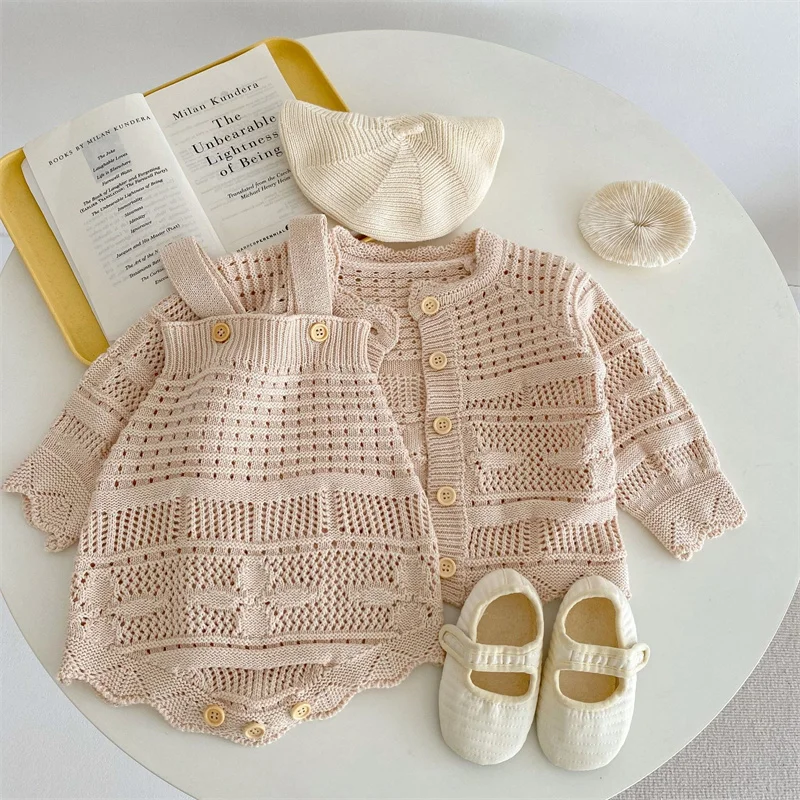 

Spring New Baby Girls Clothes Set Toddler Knitting Solid Color Sweater Coat +Bodysuit Infant Warm Outwear Long Sleeves Casual