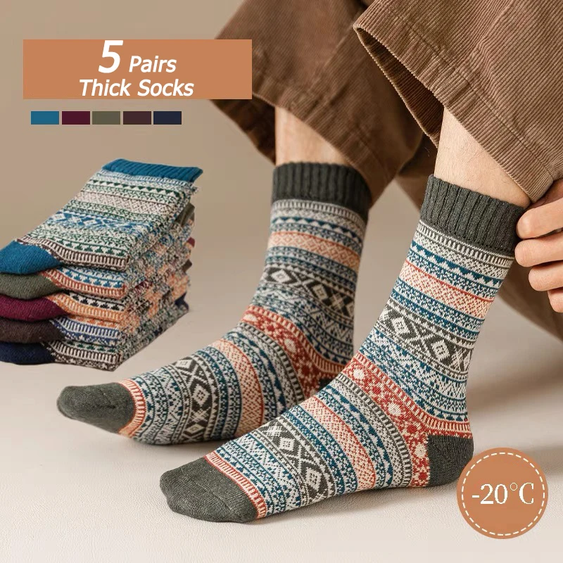 

5 Pairs/Lot Men's Thick Wool Socks Autumn And Winter High Quality Japanese Vintage Stripes Warm Comfortable Soft Socks EU 38-43