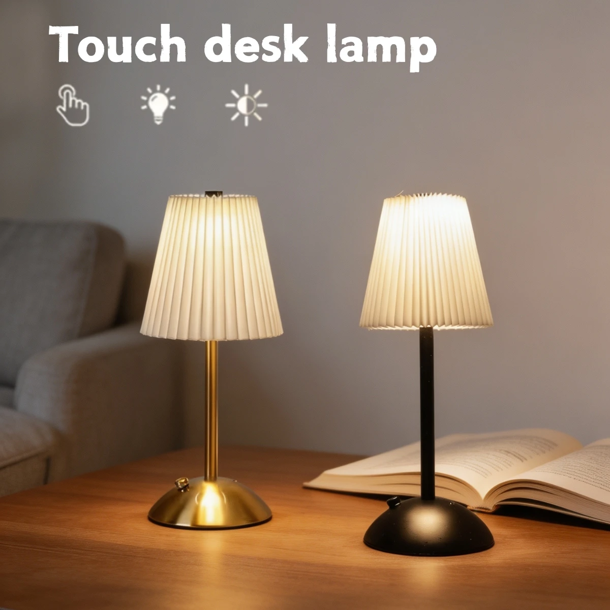 Small Pleated Table Lamp USB Rechargeable Nightstand Lamp Cordless Desk Lamp for Bedroom Living Room Home Office Decor