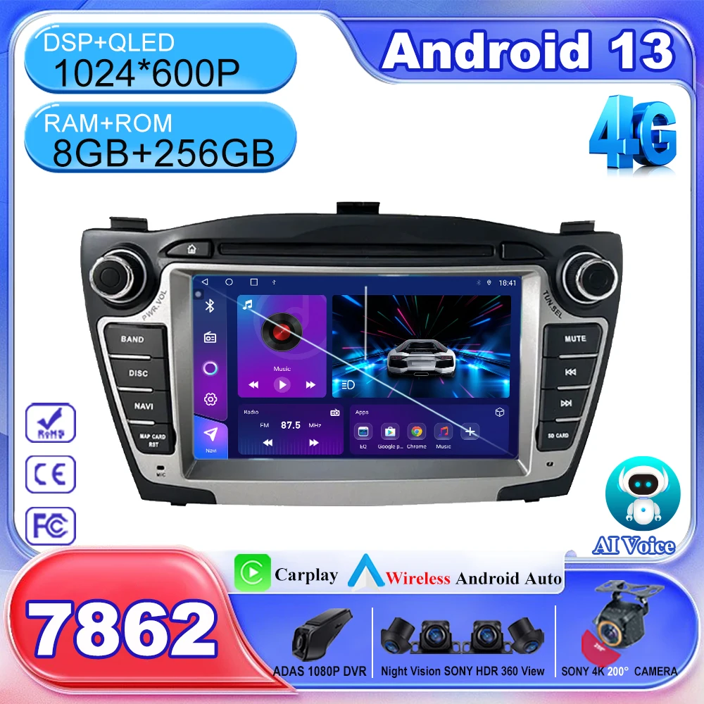 

Беспроводной Carplay для Hyundai Tucson 2 LM IX35 2009-2015 7 дюймов 8 + 256 автомобильный Android 13 автомобильный радиоприемник мультимедийный плеер GPS навигация