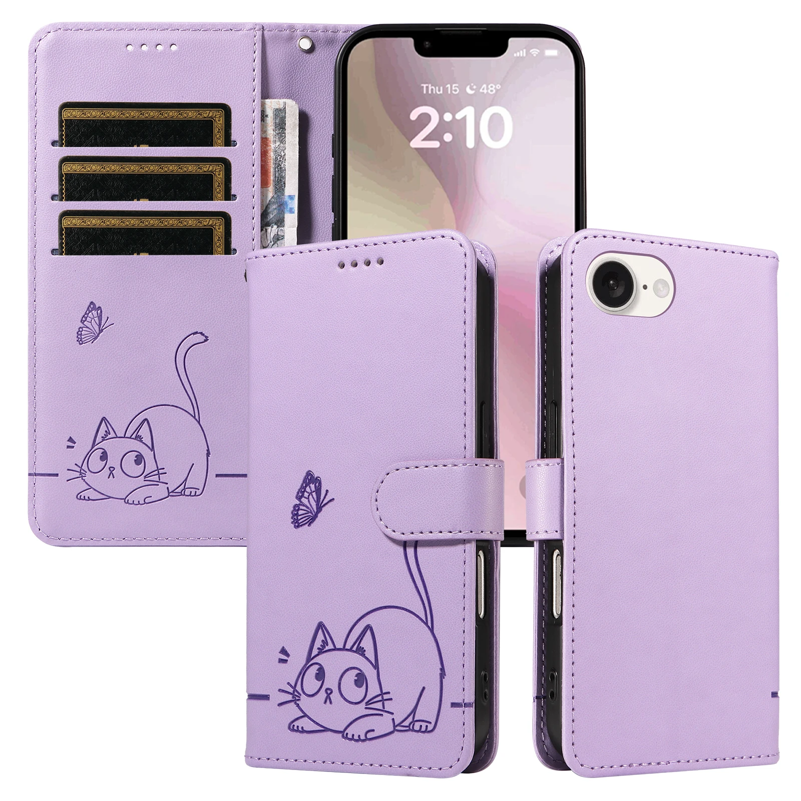Elegant Leather Wallet Flip Case | Cat & Butterfly Embossed Design with Card Holder