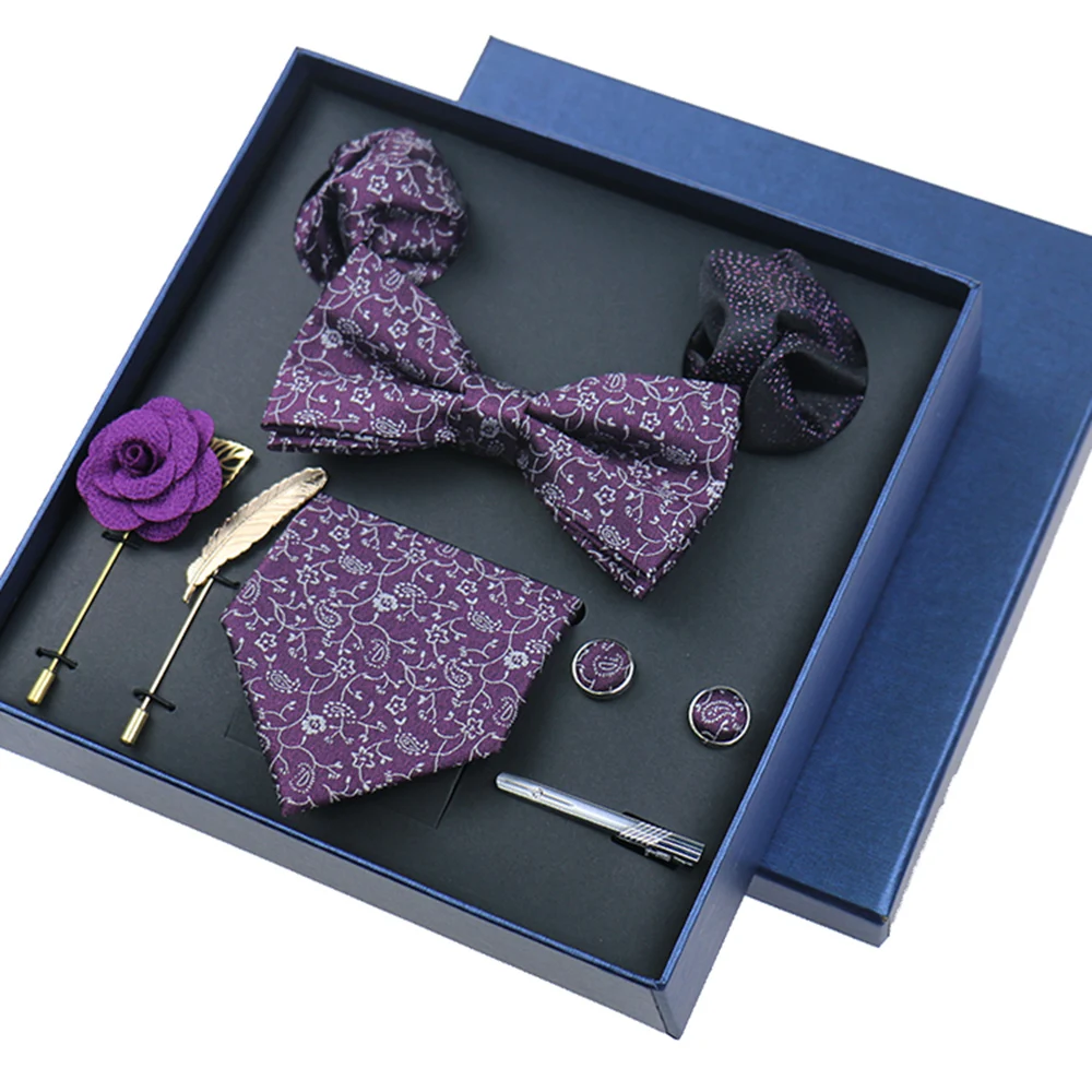 남자 넥타이 8cm 넥타이 세트 정장 럭셔리 웨딩 넥타이 실크 Bowtie 포켓 스퀘어 커프스 단추 브로치 꽃 상자 세트 남성용 선물