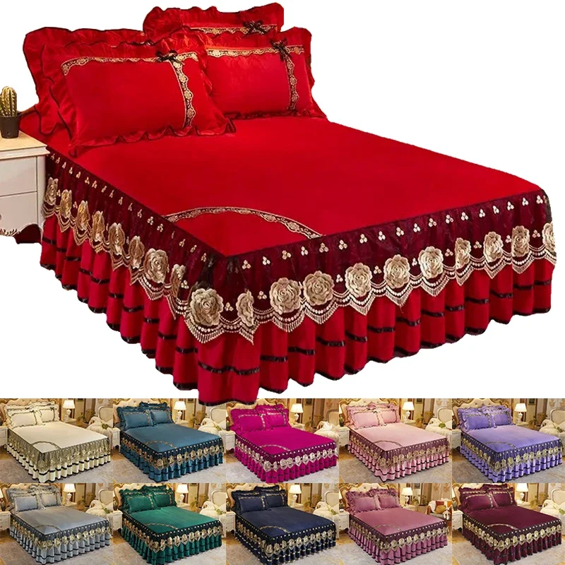

1PC Crystal Velvet Bedspread Plush Lace Bed Skirts Thin Comforter Embroidered Bedding with Pillowcases for Queen King Size