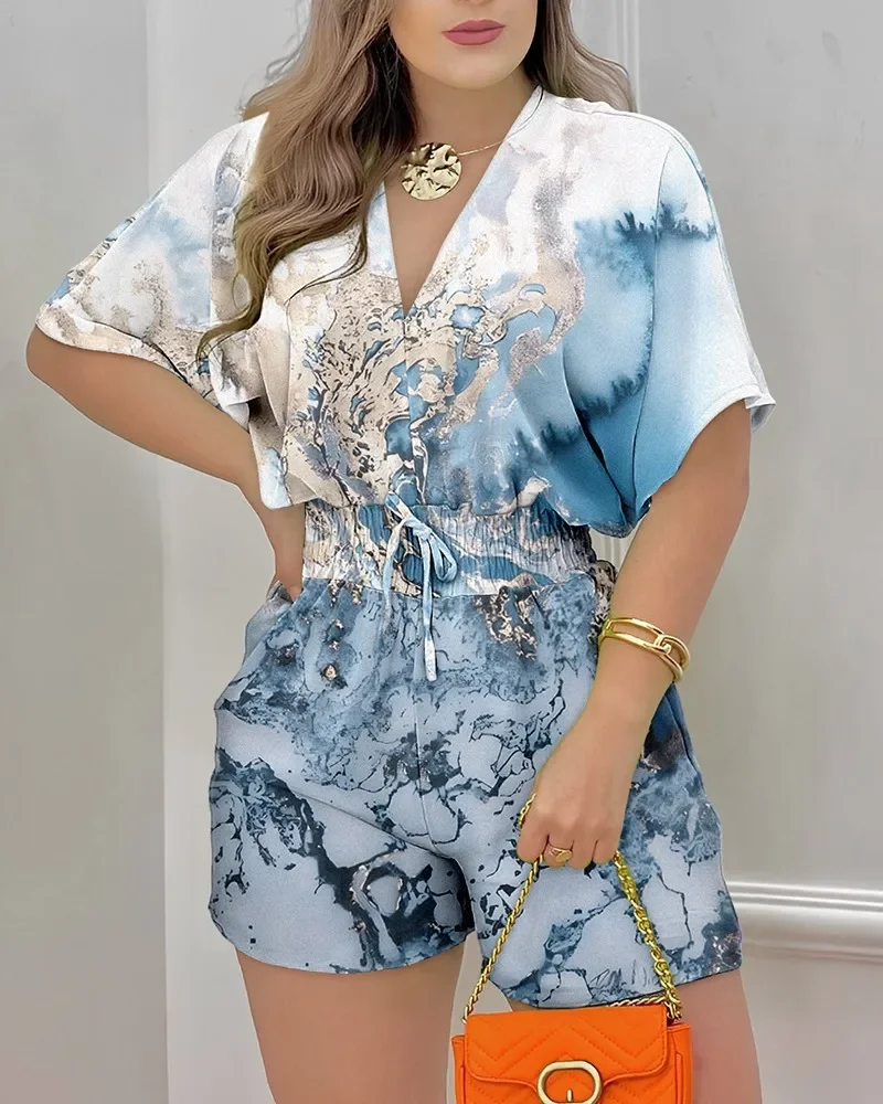 2024 Jumpsuit Women Summer Women Loose Casual Printing Jumpsuit Elegant Women Fashion V-neck Short Sleeve Waist Shorts Jumpsuit