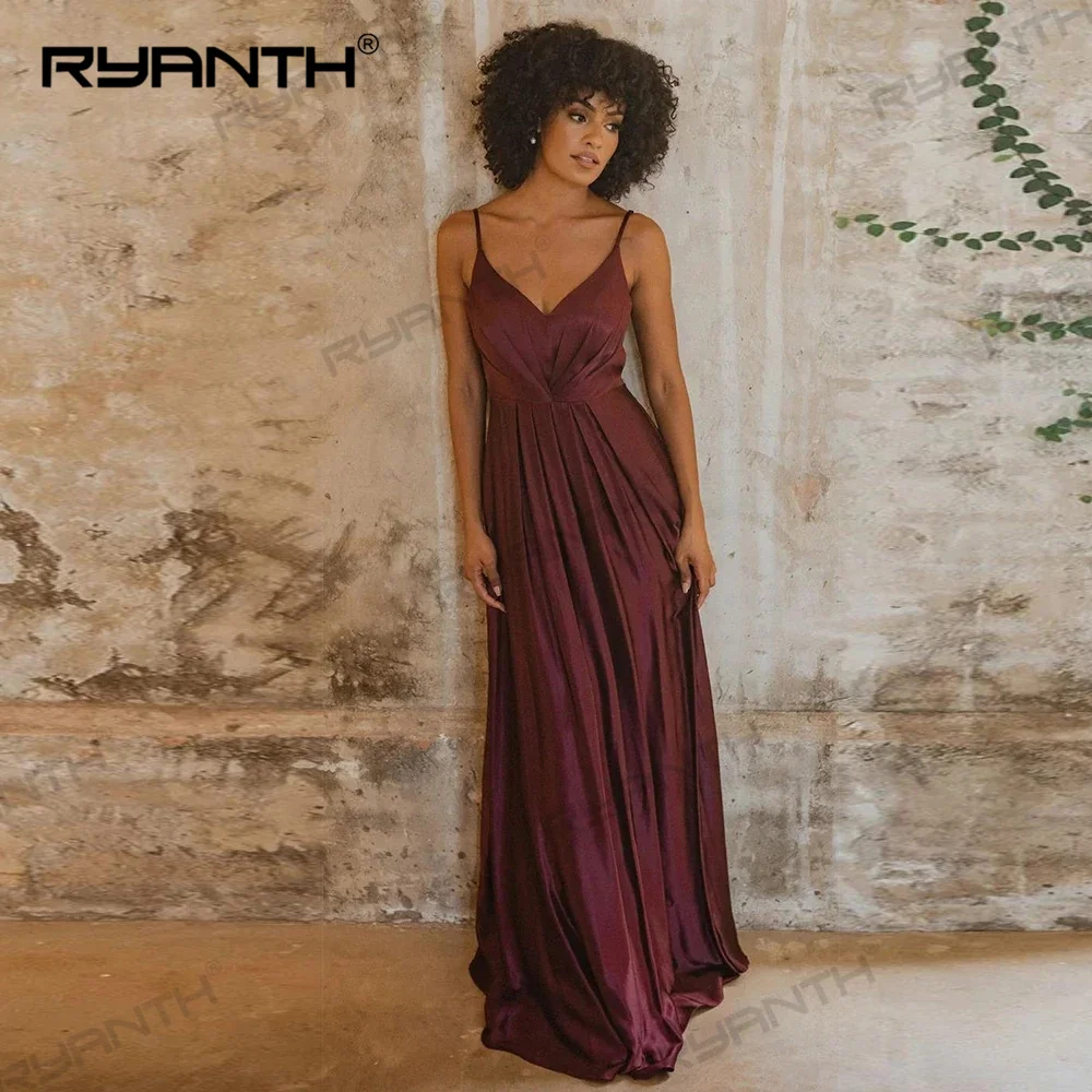 

Ryanth Simple A-line Prom Dresses Sexy V-Neck Spaghetti Straps Backless Zipper Pleat Floor Length Party Gown Robes De Soirée New