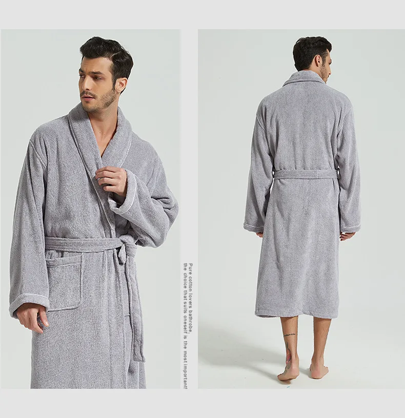 Men's Terry Bathrobe Luxury Turn Down Collar 100% Cotton Kimono With Sashes Solid Bath Robe Pockets Dressing Gown For Male