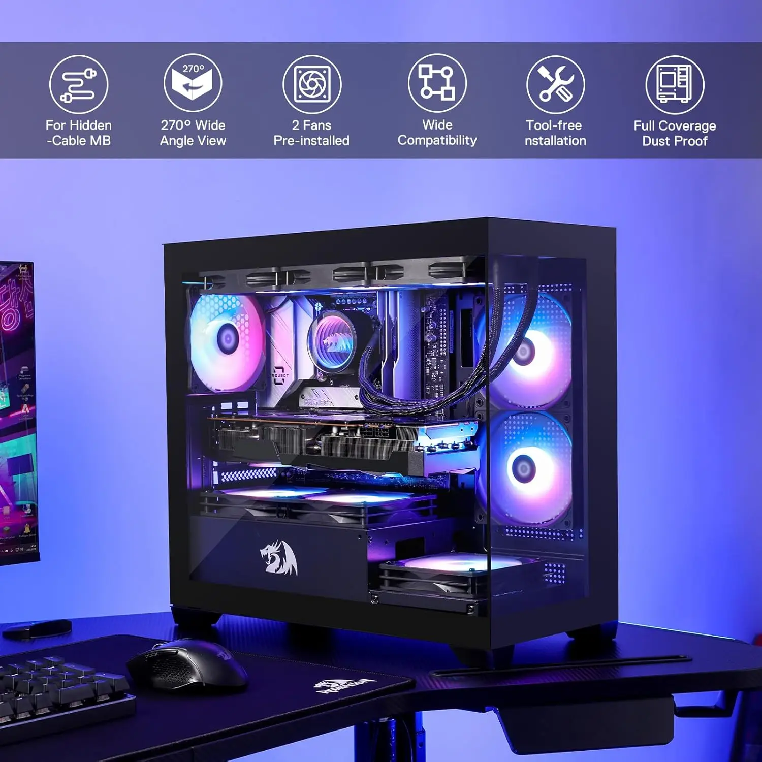Redragon GC218M Gaming Back-Mounted PC Case, M-ATX Computer Chassis 2 x 120mm Fans Pre-Installed & High Airflow Perforated Panel