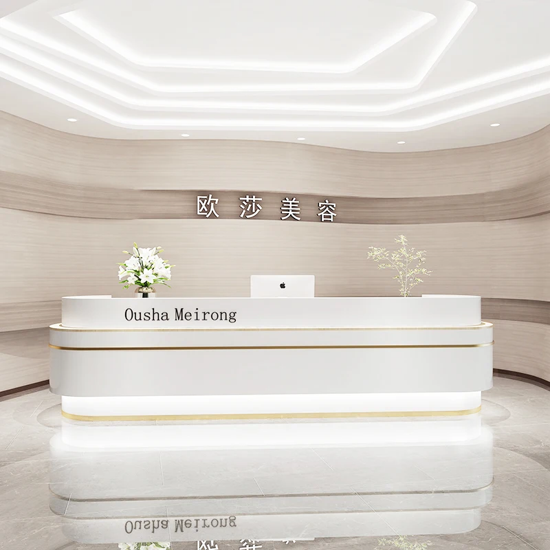 White Standing Reception Desk Cashier Modern Counter Checkout Reception Desk Supermarket Theke Rezeption Commercial Furniture elfday 30dbm usb rs232 rj54 impinj frequency 865 868 902 928mhz epc class1g2 iso18000 6c 6b uhf rfid reader checkout counter