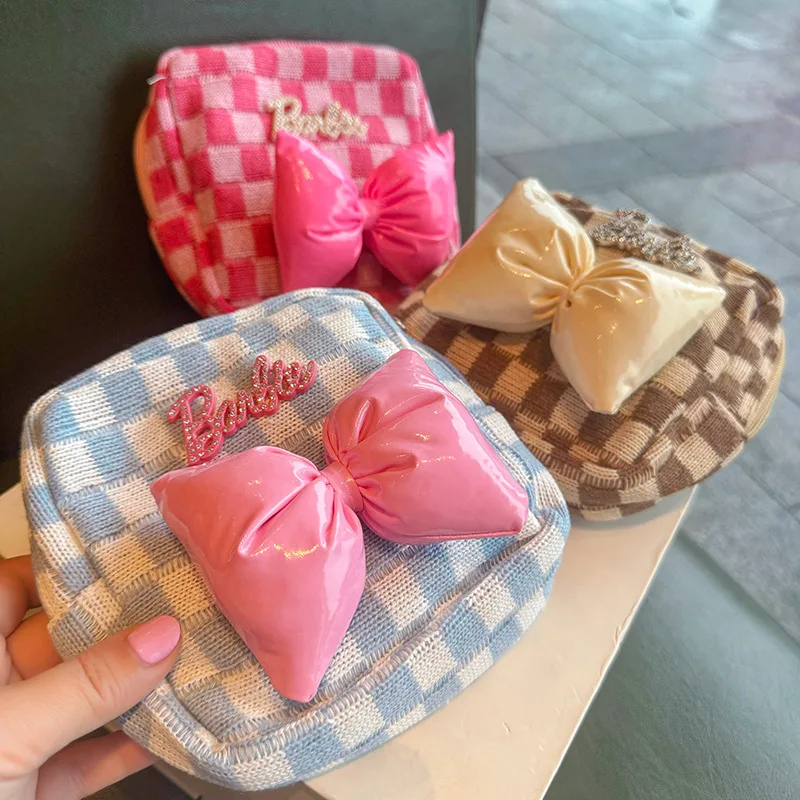 Barbie Kawaii Cartoon Anime Storage Bag Fiocco Tridimensionale Barbie Storage Bag Cute Plaid Cosmetic Bag Multi-Color Storage Bag