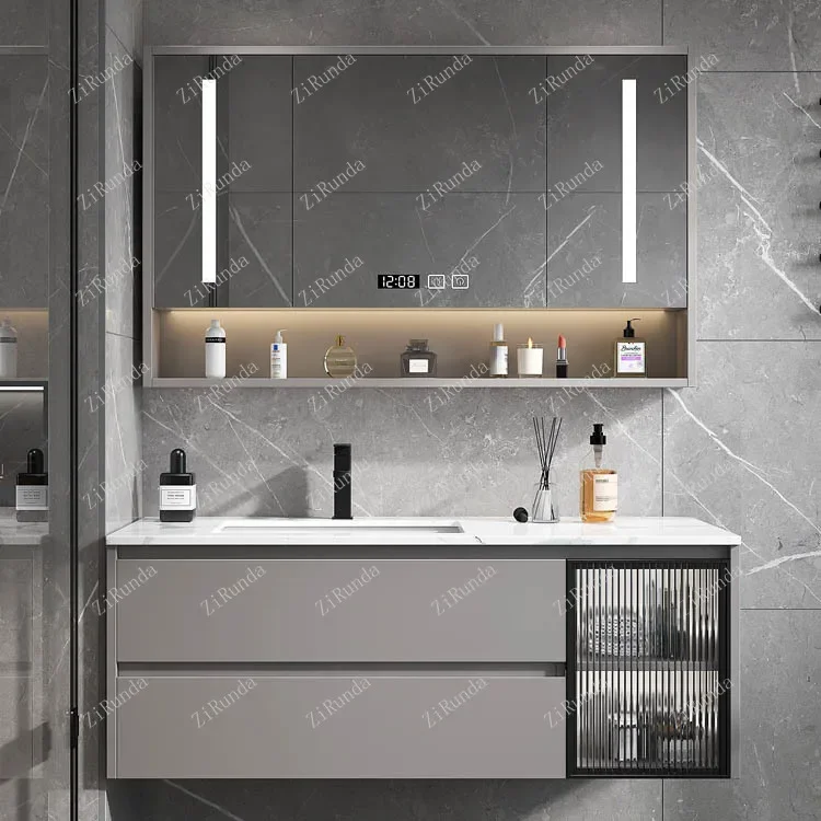 ~Light Luxury Bathroom Cabinet Bathroom Table Wash Basin Cabinet Combination Simple Modern Smart round Mirror