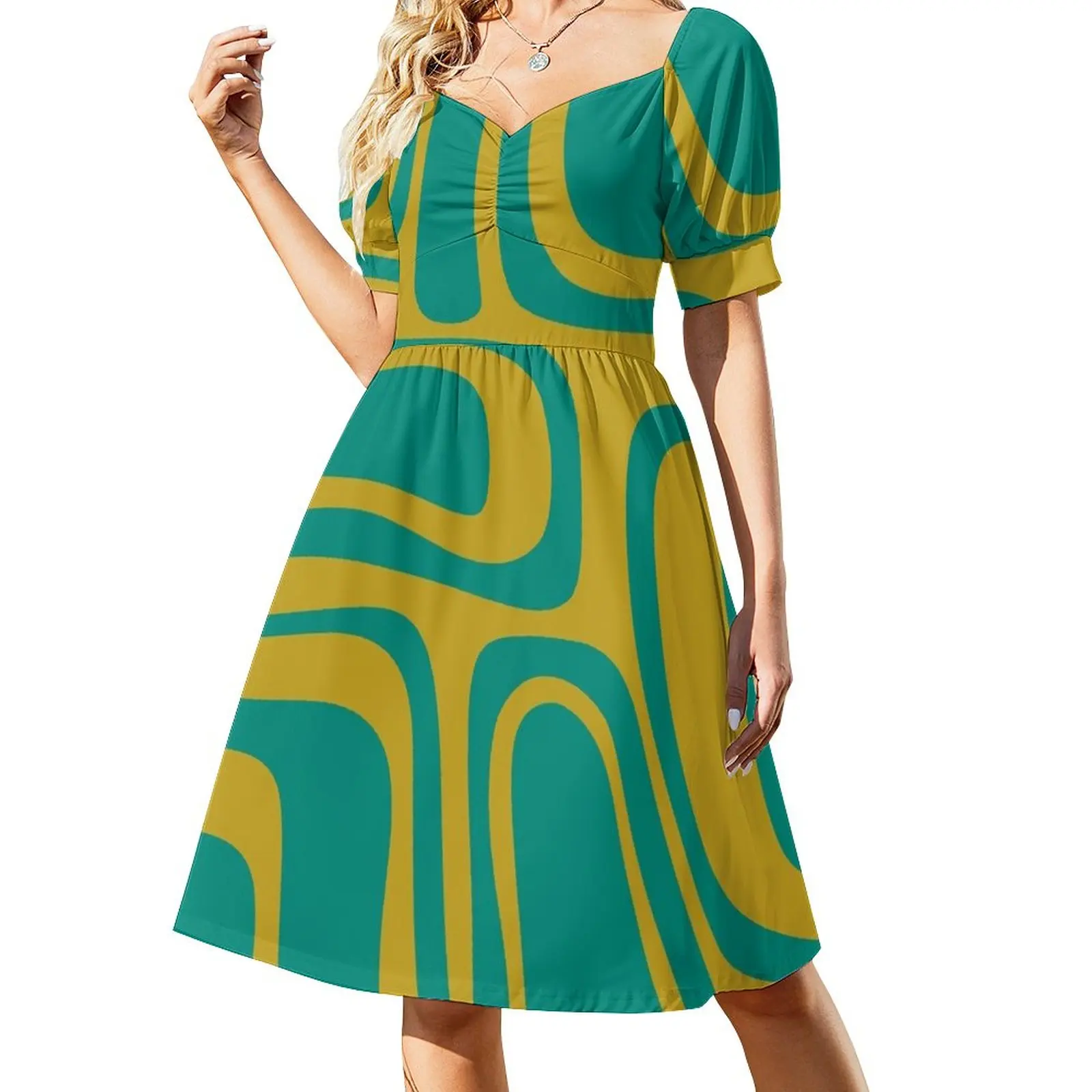 

Palm Springs Retro Midcentury Modern Abstract Pattern in Mid Mod Turquoise Teal and Mustard Sleeveless Dress long sleeve dress