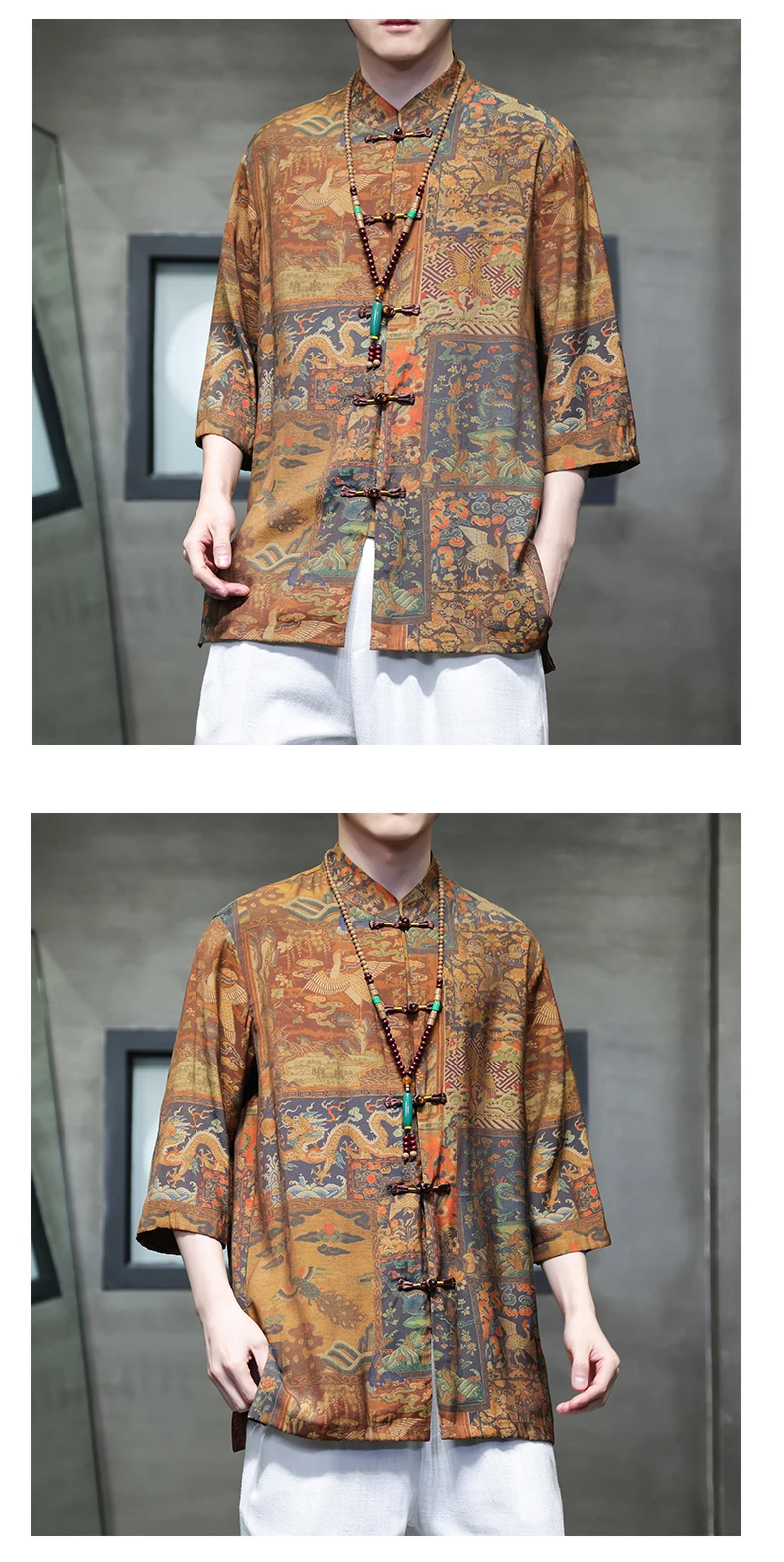 Retro-Tang-Anzug im chinesischen Stil Eis Seiden druck Drachen anzug plus Größe Hanfu Männer orientalische Kleidung schwarz Kurzarm Bluse Hemd – Detail 13