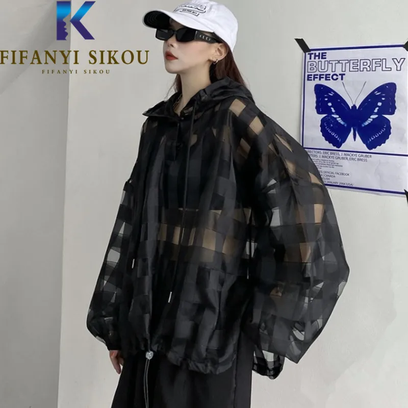 

Женские толстовки в клетку, Свитшот из органзы, пальто с вырезами, Модные свободные пуловеры с длинным рукавом, женские тонкие свитшоты, лето 2022