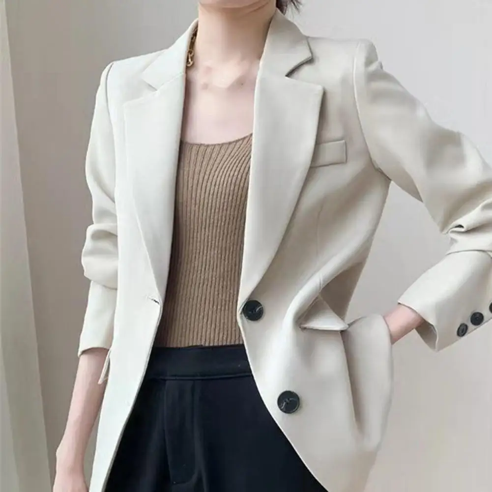 Breathable Suit Jacket Stylish Women's Business Suit Coat Solid Color Turn-down Collar Single-breasted Button Decor for Office