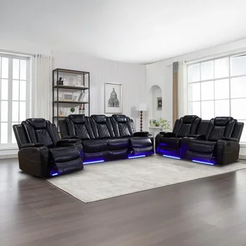 Recliner Sofa Set with LED Lights,Leather Living Room Furniture Set with USB Port/Storage Console/Cup Holders,Reclining Sofa Set 1