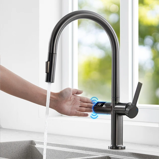 Light luxury gun gray brass kitchen faucet digital display induction design single handle cold & hot dual l 2 function sink Tap 2