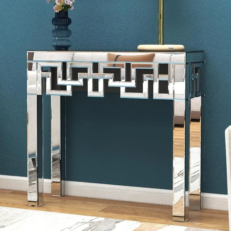 

Silver Console Table with Mirrored Finished, Modern Glass Entryway Table Geometric Design, 32 inches Wide