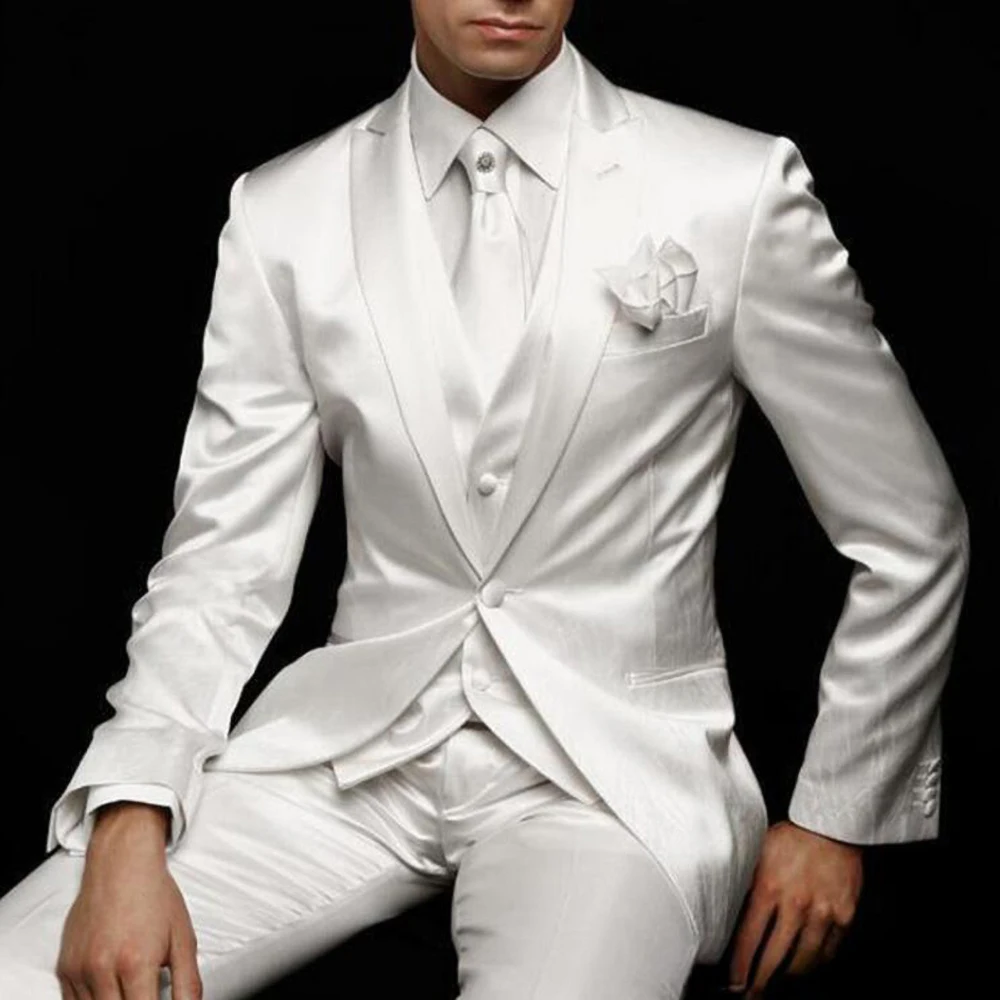 

2023 Fashion Men Suits Satin Peak Lapel One Button Male Blazer Party Prom Casual Groom Wedding Tuxedo 3 Piece Set Suit Slim Fit