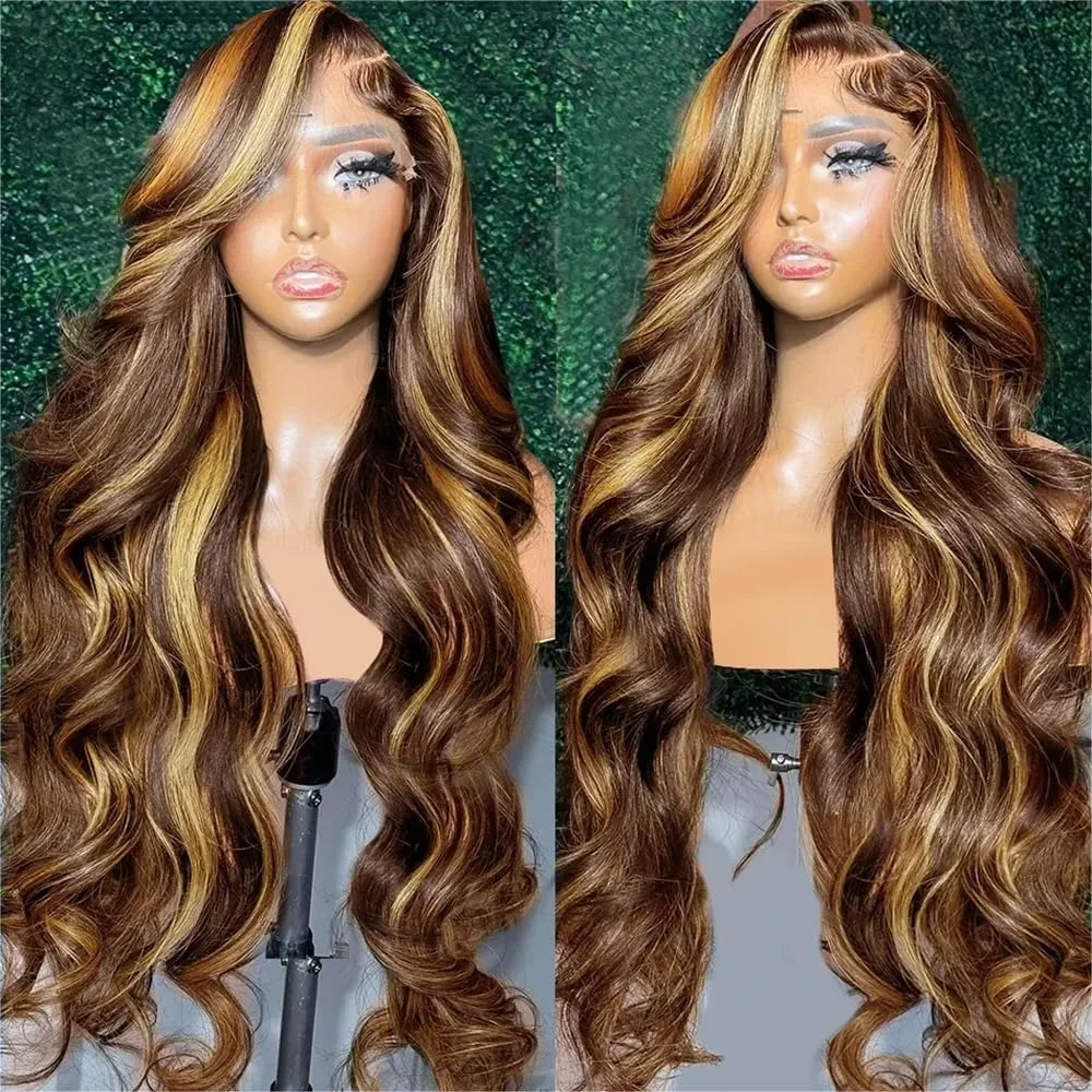 30 Inch Ombre Honey Blonde 13x4 Highlight Body Wave Lace Front Wig Human Hair Pre Plucked With Baby Hair 4/27 200% Density Color 3