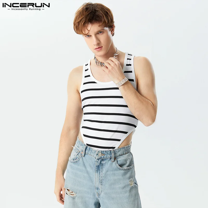 

INCERUN 2023 Fashion Casual Men Homewear Black&White Horizontal Stripe Jumpsuits Sexy Sleeveless Triangle Design Bodysuits S-3XL