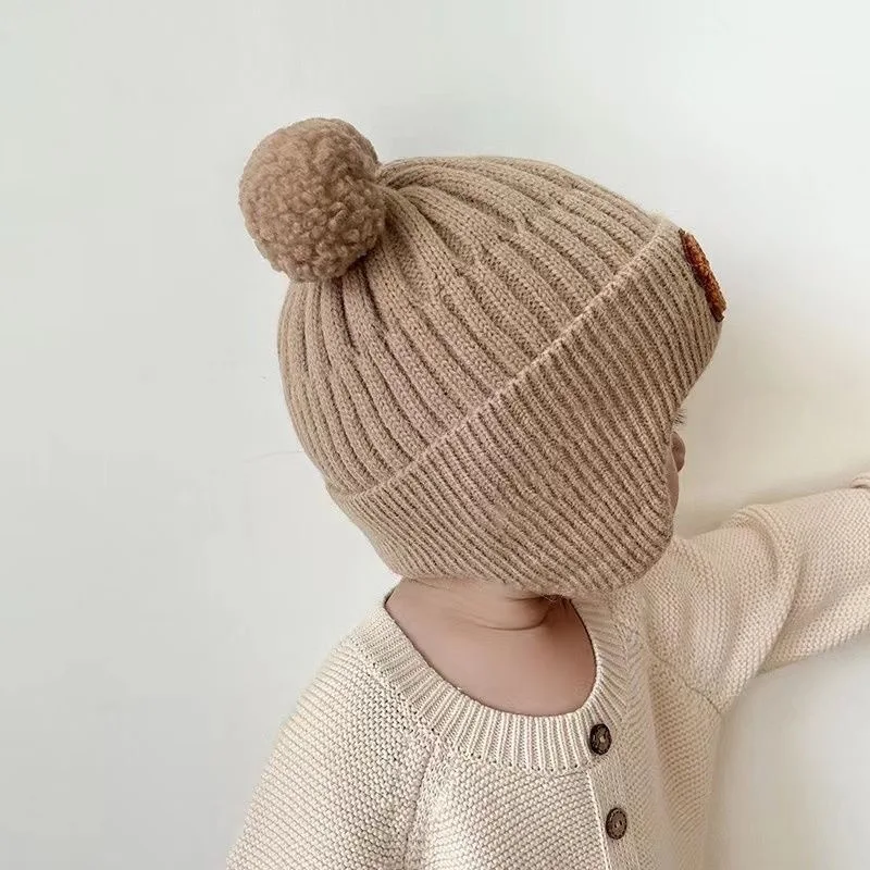 Winter Baby Beanie Cap Cartoon Bear Ear Protection Knitted Hat for Toddler Boys Girls Cute Korean Warm Kids Crochet Hats Gorros